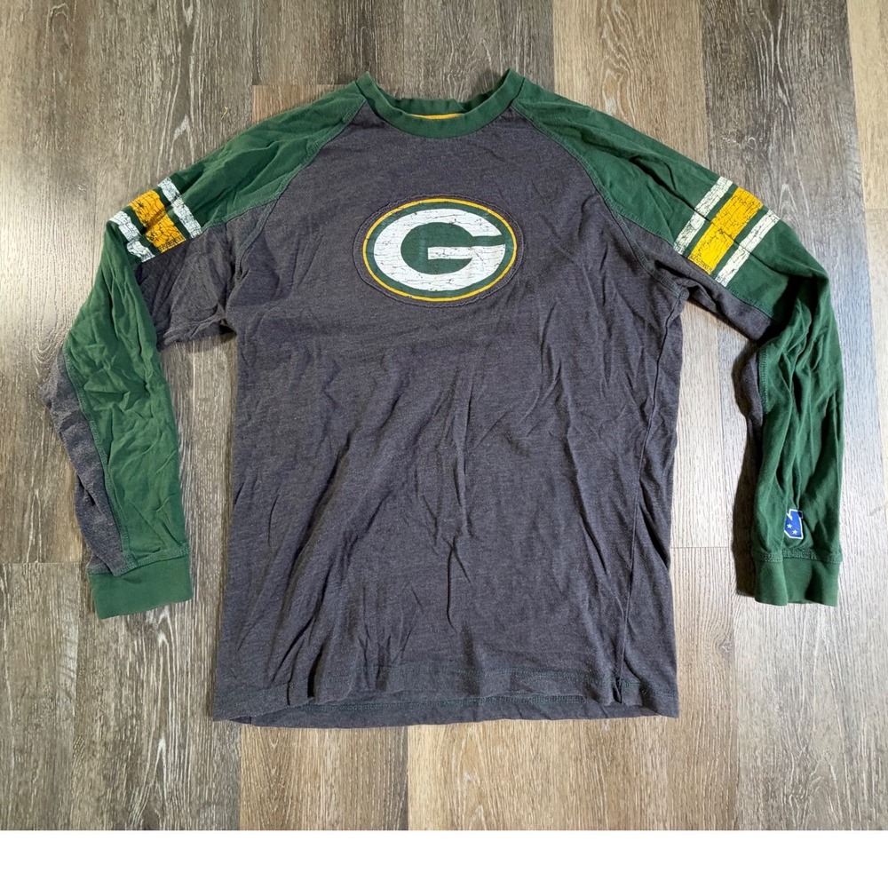 NFL Team Apparel Packers Shirt Mens L Charcoal Green Raglan Distressed Logo